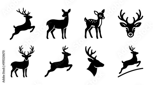 deer , black vector icon set collection , white background , SVG and PNG