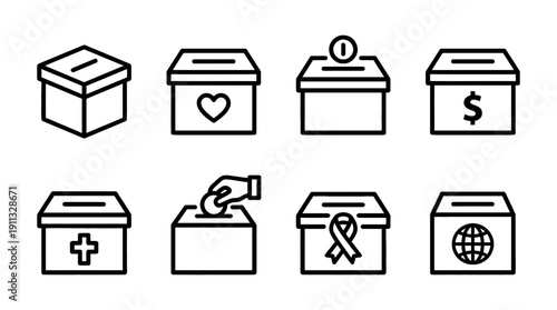 donation box , black vector icon set collection , white background , SVG and PNG
