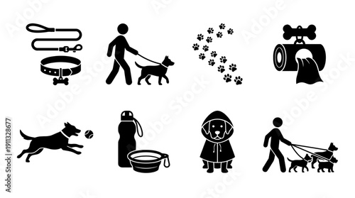 dog walking , black vector icon set collection , white background , SVG and PNG