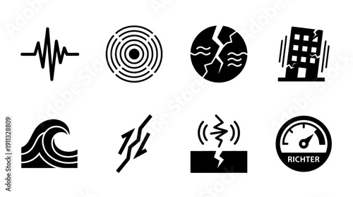 earthquake wave , black vector icon set collection , white background , SVG and PNG