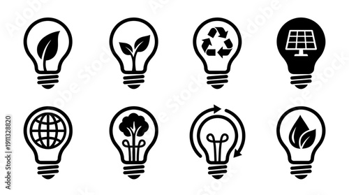 eco bulb , black vector icon set collection , white background , SVG and PNG