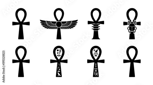 egyptian ankh , black vector icon set collection , white background , SVG and PNG