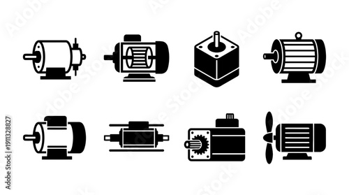 electric motor , black vector icon set collection , white background , SVG and PNG