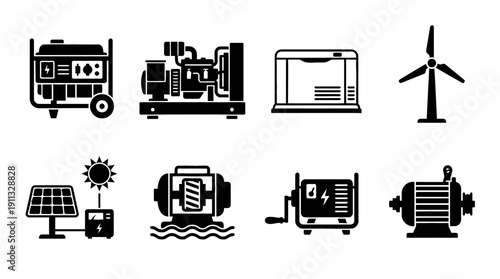 electric generator , black vector icon set collection , white background , SVG and PNG