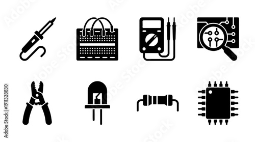 electronics diy , black vector icon set collection , white background , SVG and PNG
