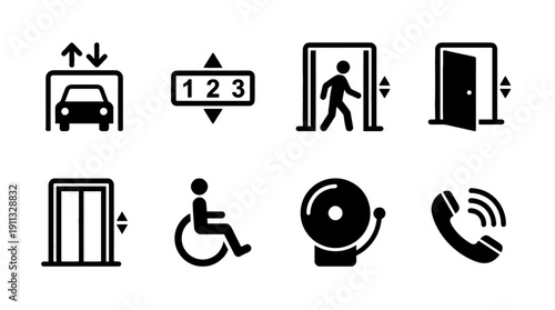 elevator , black vector icon set collection , white background , SVG and PNG