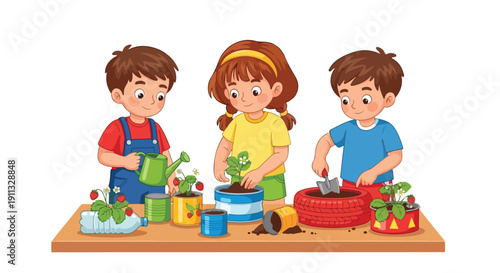Three children are happily engaged in gardening, planting strawberry plants in various repurposed containers like bottles, cans, and a tire.