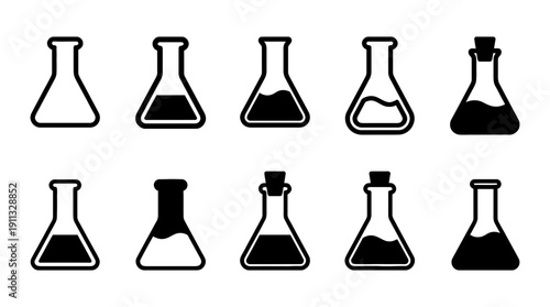 erlenmeyer flask , black vector icon set collection , white background , SVG and PNG