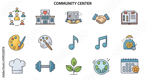 Diverse Icons Representing Community Center Activities and Services.