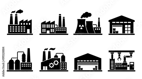 factory building , black vector icon set collection , white background , SVG and PNG
