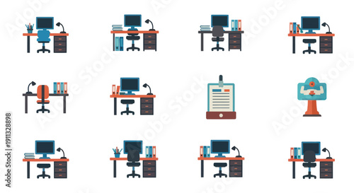 Office Desks with Computers and Chairs: Workplace Setup Illustrations.