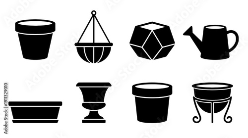 flower pot , black vector icon set collection , white background , SVG and PNG
