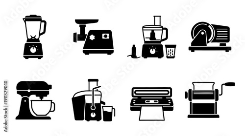 food processing machine , black vector icon set collection , white background , SVG and PNG