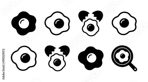 fried egg , black vector icon set collection , white background , SVG and PNG