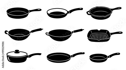 frying pan , black vector icon set collection , white background , SVG and PNG