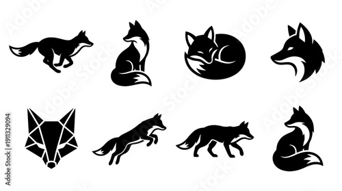 fox , black vector icon set collection , white background , SVG and PNG
