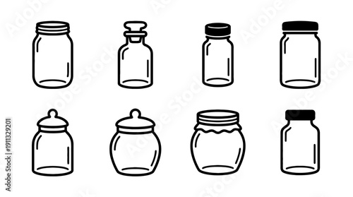 glass jar , black vector icon set collection , white background , SVG and PNG