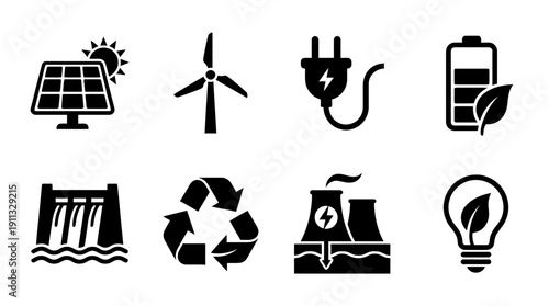 green energy , black vector icon set collection , white background , SVG and PNG