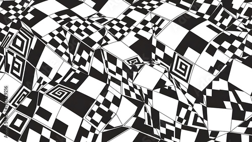 Monochrome checkered illusion, geometric surface with distorted pattern