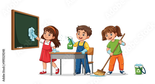 Three happy children are actively cleaning a classroom, with one girl wiping the blackboard, a boy spraying a desk, and another girl sweeping the floor.