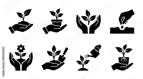 hands holding plant , black vector icon set collection , white background , SVG and PNG