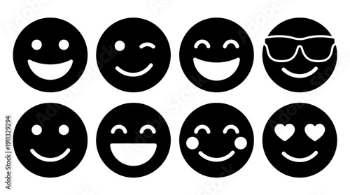 happy smile , black vector icon set collection , white background , SVG and PNG