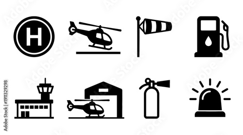 heliport , black vector icon set collection , white background , SVG and PNG