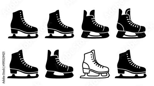 ice skate , black vector icon set collection , white background , SVG and PNG
