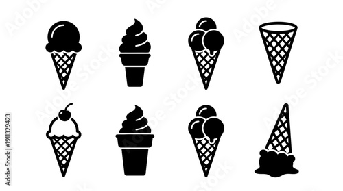 ice cream cone , black vector icon set collection , white background , SVG and PNG