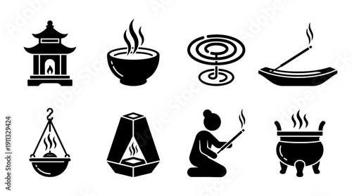 incense burner , black vector icon set collection , white background , SVG and PNG