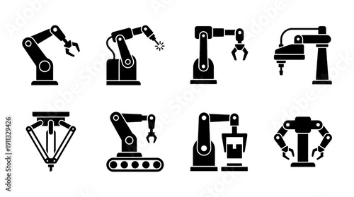 industrial robot arm , black vector icon set collection , white background , SVG and PNG