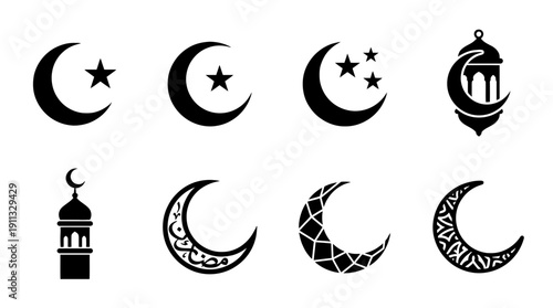 islamic crescent , black vector icon set collection , white background , SVG and PNG