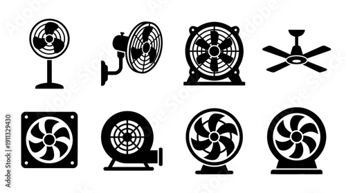 industrial fan , black vector icon set collection , white background , SVG and PNG