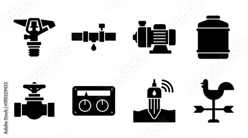 irrigation system , black vector icon set collection , white background , SVG and PNG