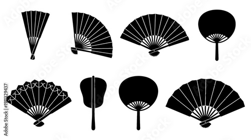 japanese fan , black vector icon set collection , white background , SVG and PNG