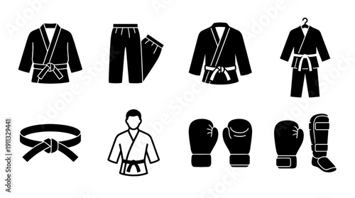 karate uniform , black vector icon set collection , white background , SVG and PNG