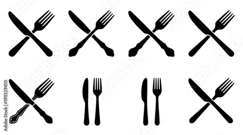 knife and fork , black vector icon set collection , white background , SVG and PNG