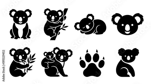koala , black vector icon set collection , white background , SVG and PNG