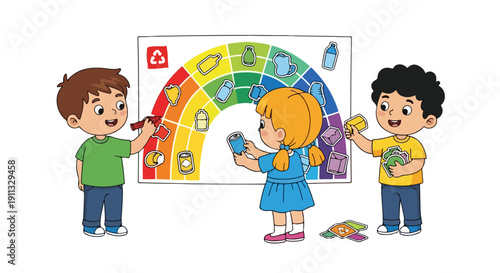Three diverse children happily learn about recycling, sorting various items like bottles and cans by color on a vibrant rainbow-themed educational chart.