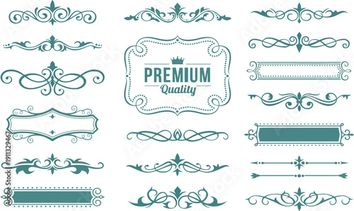 Abundant collection of teal decorative elements, including ornate frames, borders, dividers, and labels. Ideal for adding elegant, vintage flair to designs.