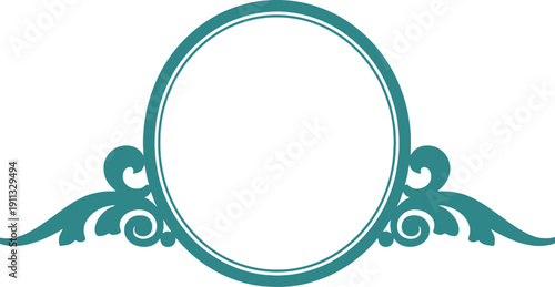 Elegant teal circular frame with ornate scrollwork accents, ideal for titles, logos, or decorative elements.