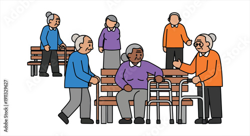 Senior with Walking Aid – Elderly Care, Rehabilitation and Healthcare Support Illustration