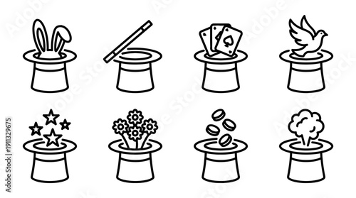 magic tricks hat , black vector icon set collection , white background , SVG and PNG