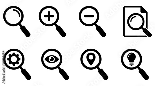magnifier zoom , black vector icon set collection , white background , SVG and PNG