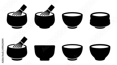 matcha bowl , black vector icon set collection , white background , SVG and PNG