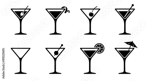 martini glass , black vector icon set collection , white background , SVG and PNG