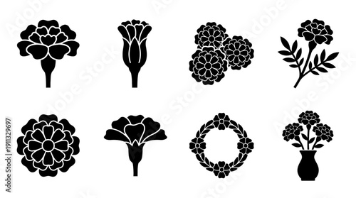 marigold , black vector icon set collection , white background , SVG and PNG