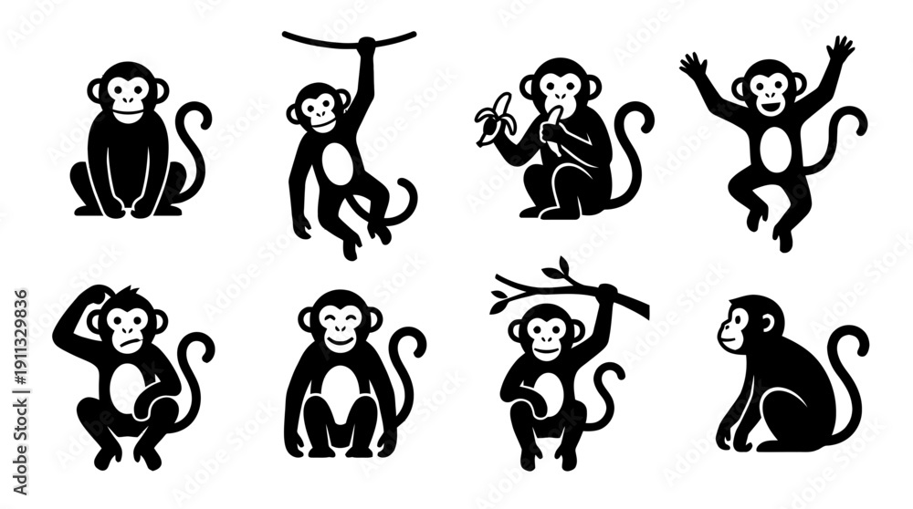 Obraz premium monkey , black vector icon set collection , white background , SVG and PNG