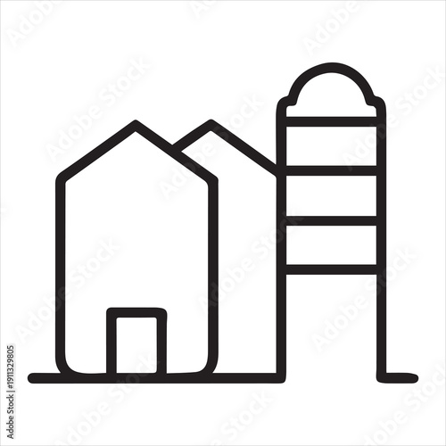 Outline of modern farm buildings and silo in minimalist style