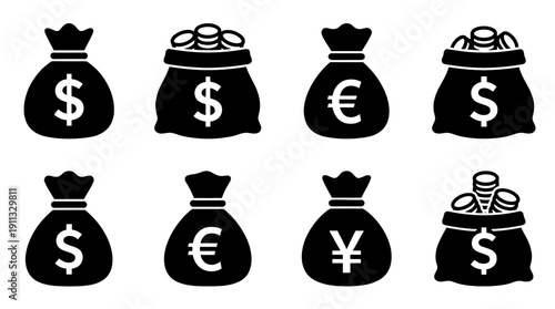 money bag , black vector icon set collection , white background , SVG and PNG